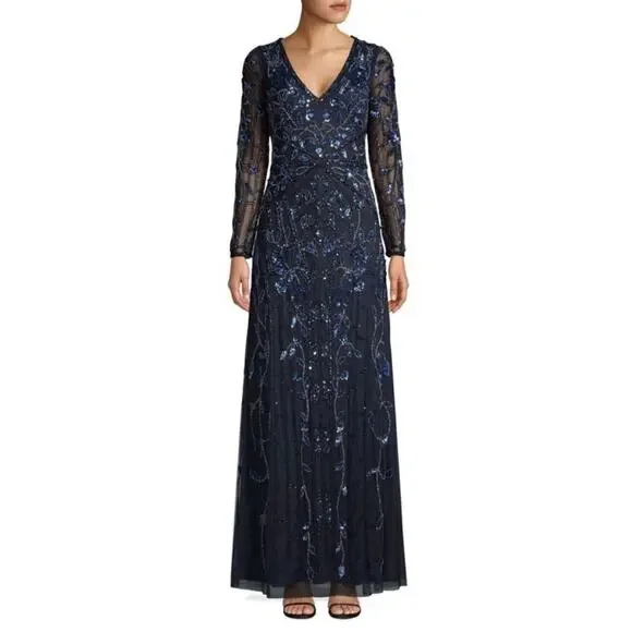 Aidan Mattox Sequined Beaded Long Sleeve Gown Navy Size 10 - Picture 5 of 15